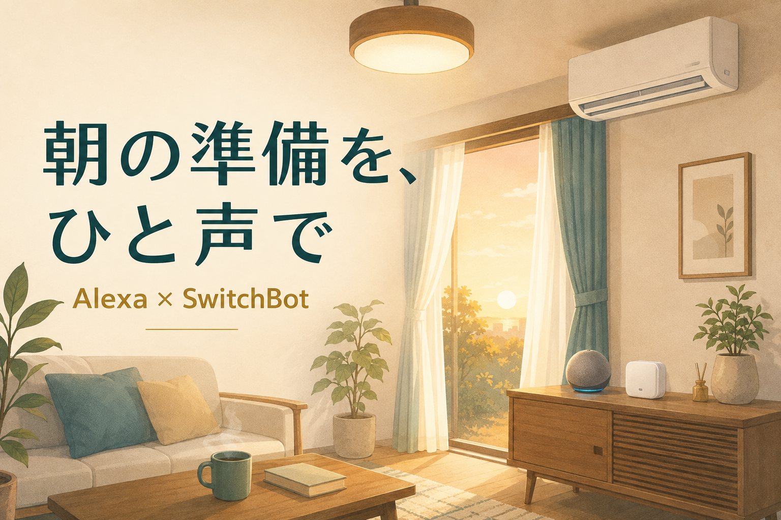 AlexaとSwitchBotで朝のカーテン・照明・エアコンを動かす説明イラスト