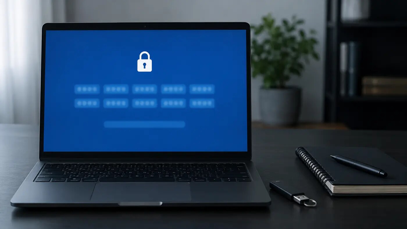 鍵のマークを表示したノートPCとUSBメモリ。BitLocker回復キーを探す場面の説明用イメージ