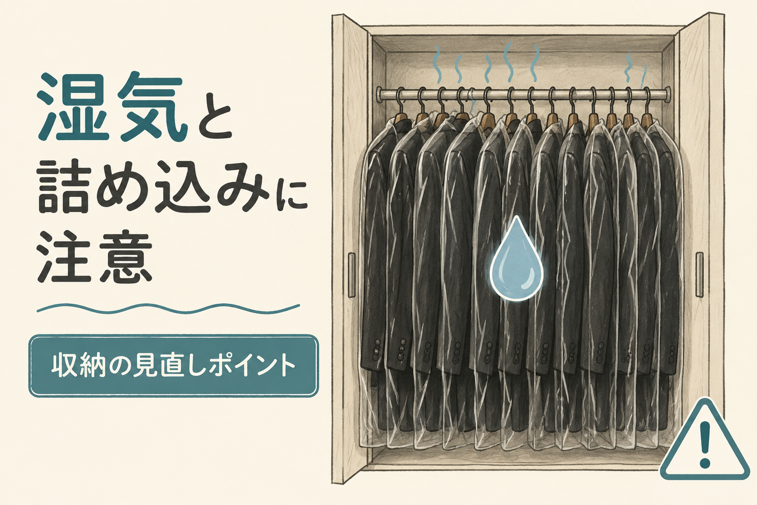 衣類を詰め込んだ収納と湿気に注意する説明図