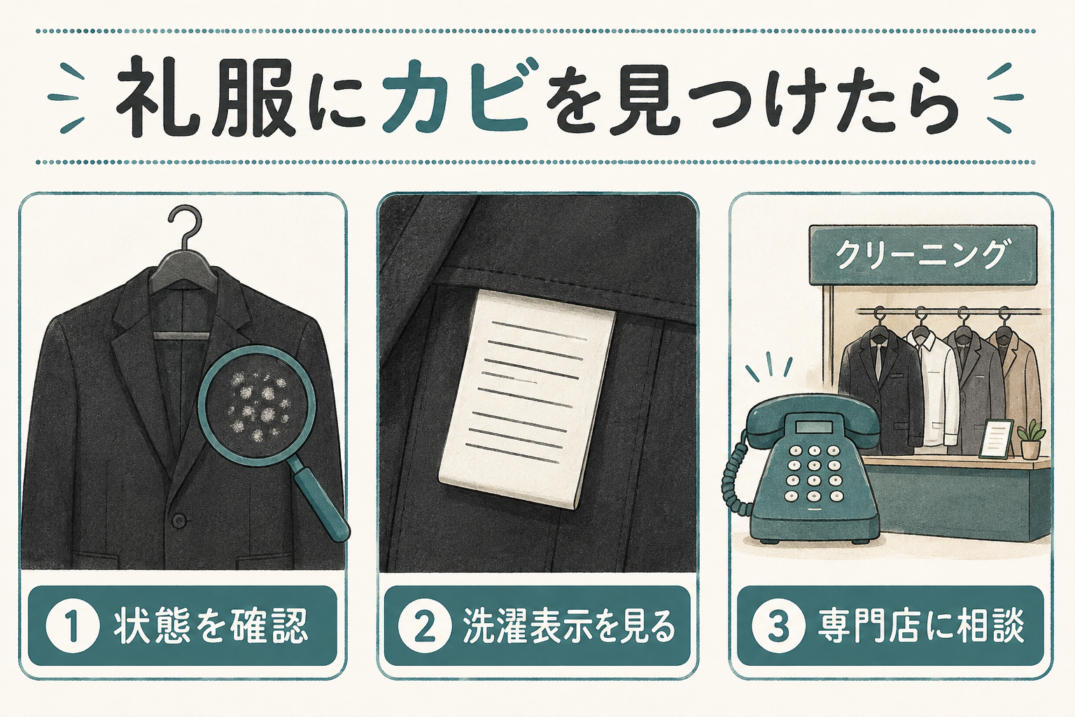 礼服の状態と洗濯表示を確認し、専門店に相談する説明図