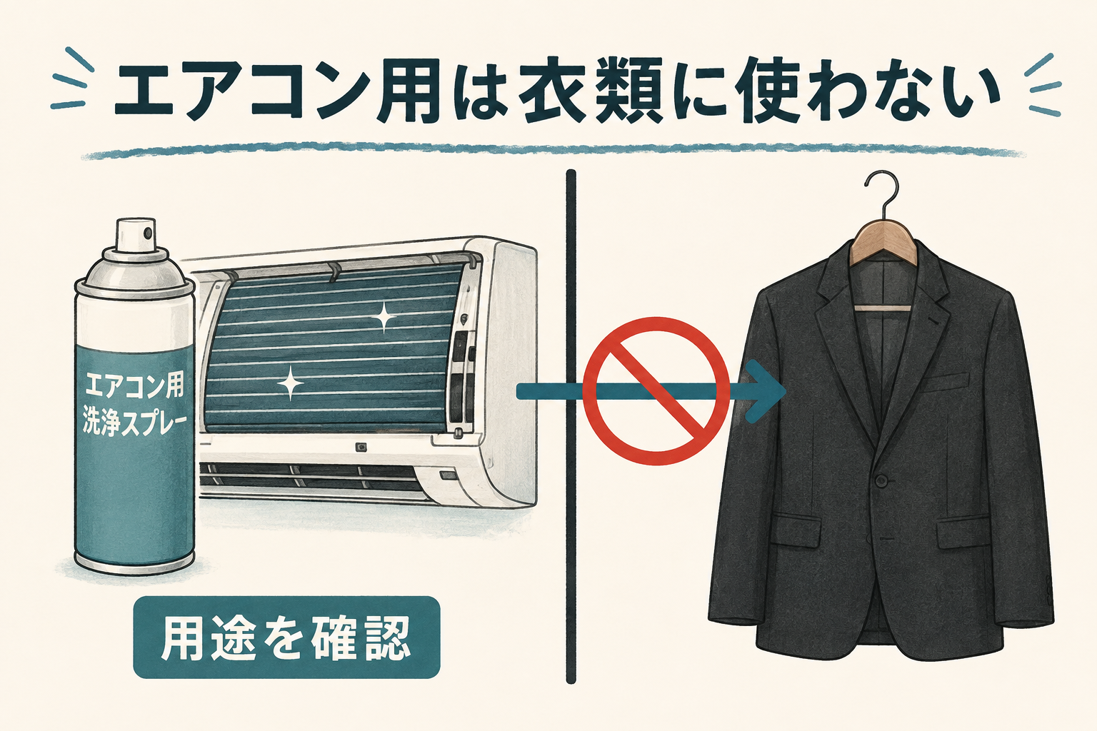 エアコン用スプレーを衣類に使わないことを示す説明図
