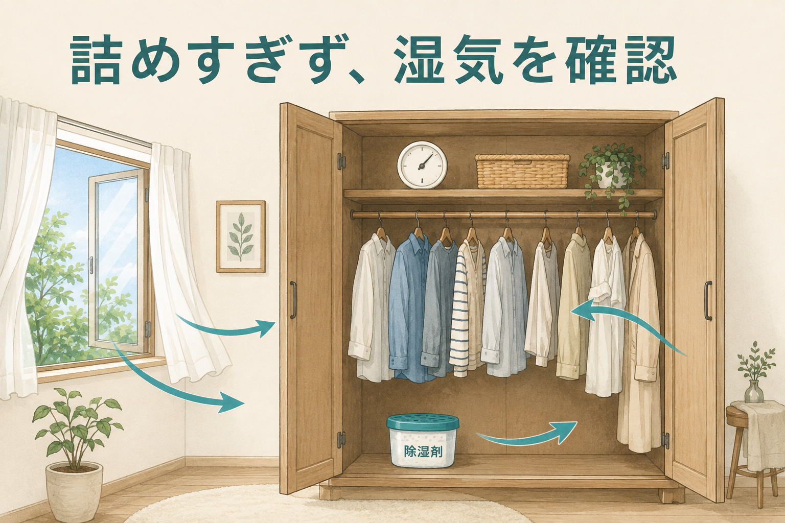 衣類の間隔を確保して収納の湿気を確認する説明図