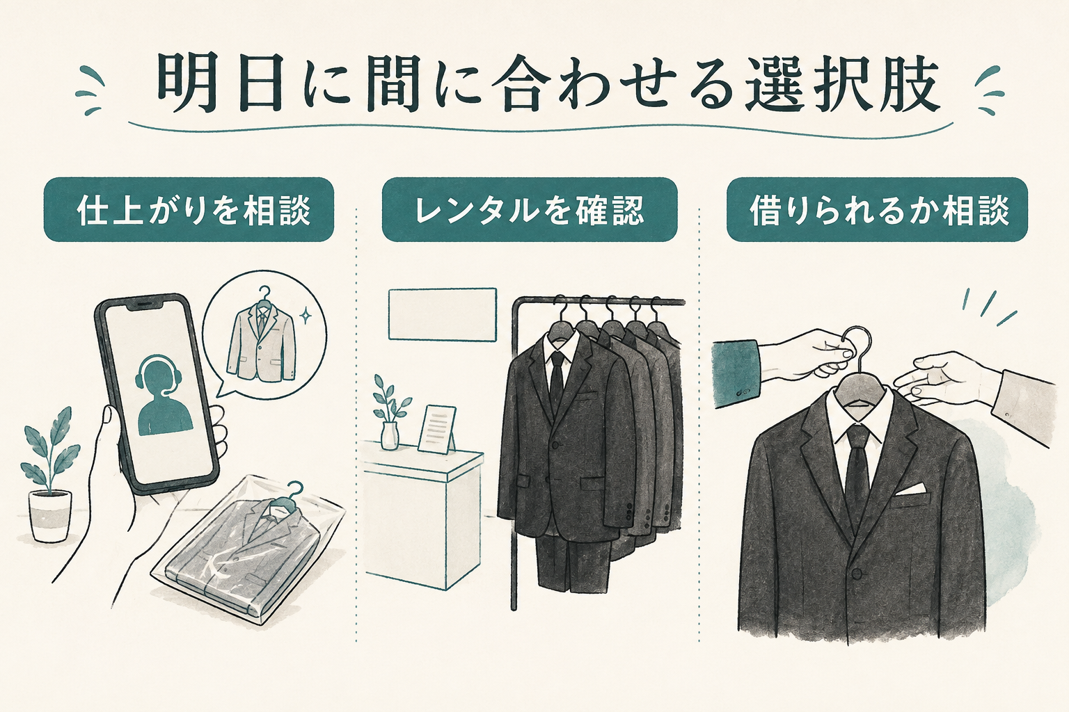 クリーニング、レンタル、借用を確認する選択肢の説明図