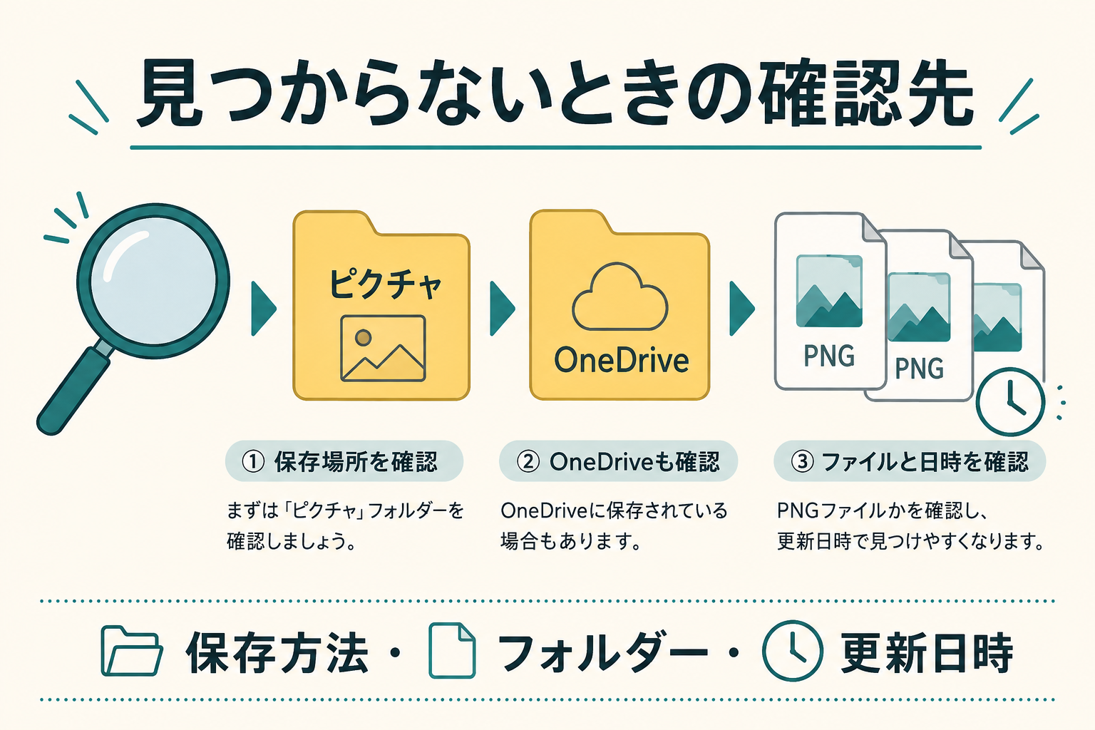 ピクチャとOneDrive、画像ファイルの更新日時を確認する説明図