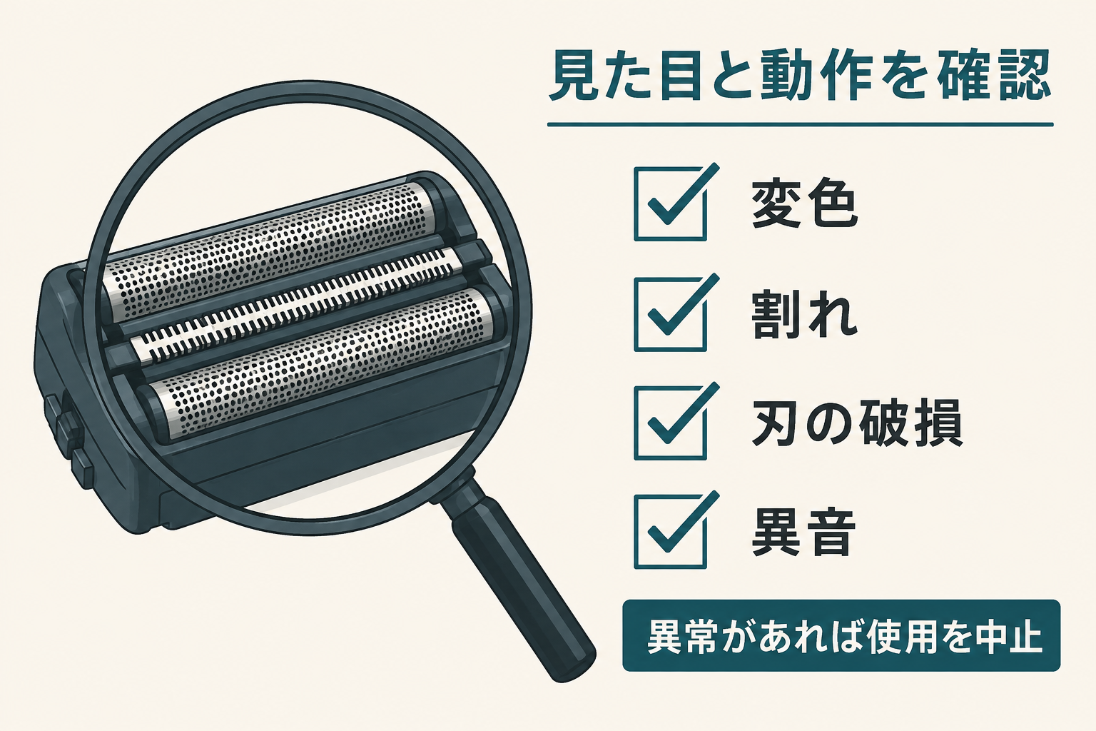 シェーバーの網刃と固定部に破損がないか確認する説明図