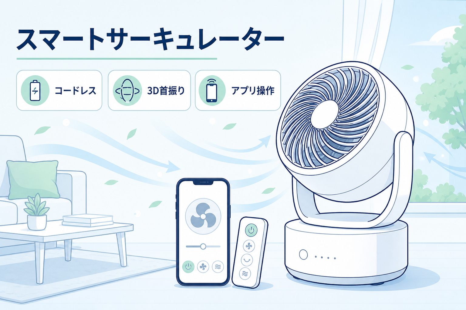 SwitchBotサーキュレーターW3800510の主な特徴を整理した説明図